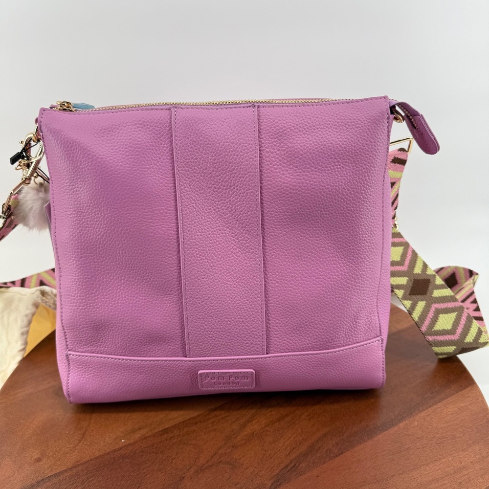 Pom Pom London Westminster Leather Messenger Crossbody Bag Peony Pink 3 Straps